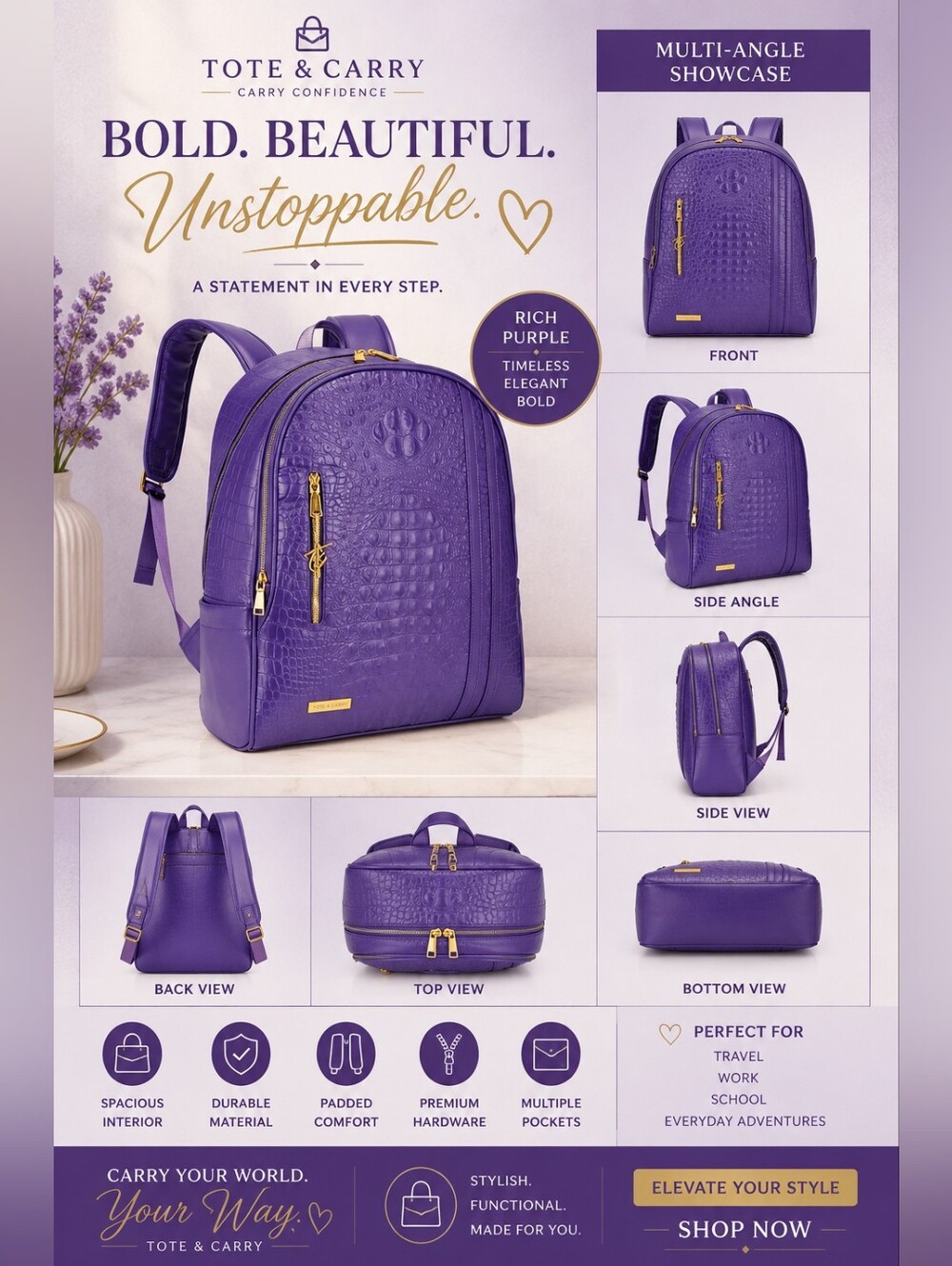 Rich Purple Faux-Croc Backpack with Gold Hardware